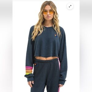 AVIATOR NATION UNISEX RUGBY STITCH CROPPED CREW SWEATSHIRT RELAXED CHARCOAL NEON